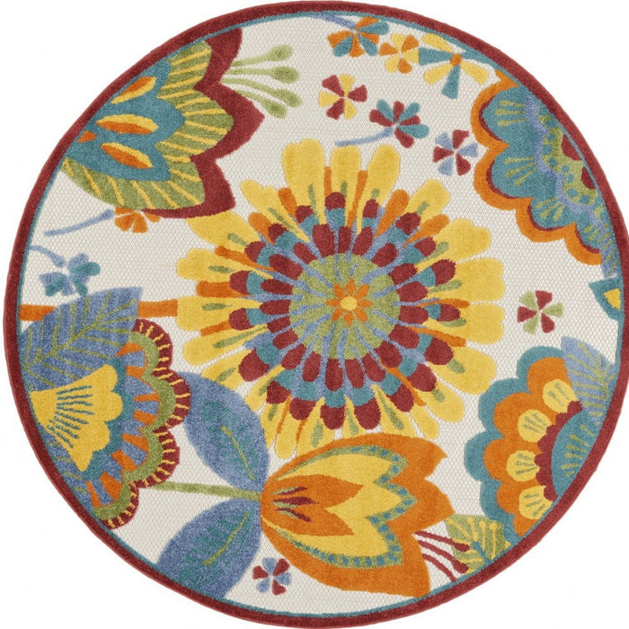 4' Round Round Floral Indoor / Outdoor Area Rug - Yellow / Ivory