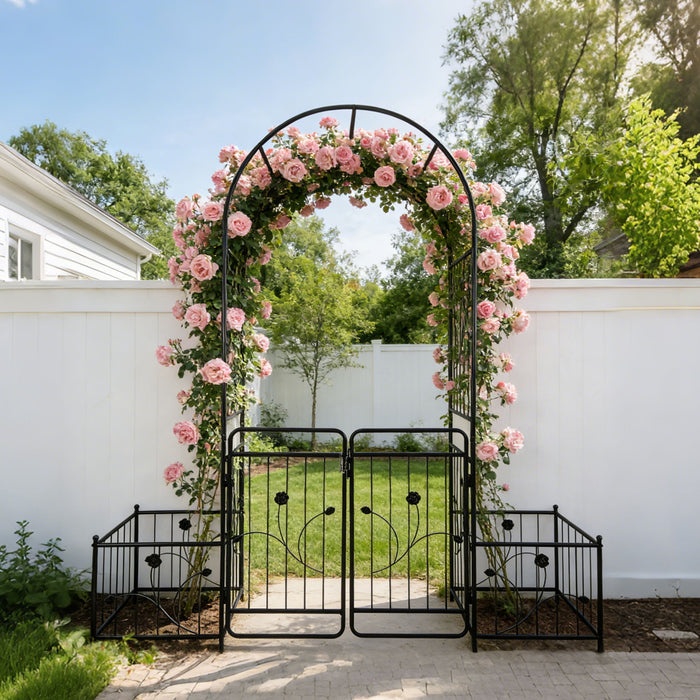 Metal Garden Arch With Gate Wide High Climbing Plants Support Rose Arch Outdoor - Black Daily Nest