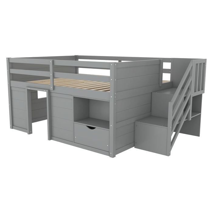 Low Loft Bed Frame With Built In Stairs, Storage Drawer, Shelf And 7 Color LED Light Home Essentials