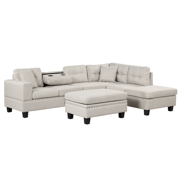 Modern Sectional Sofa With Storage Ottoman, L-Shape Couch With 2 Pillows And Cup Holder, Sectional Sofa With Reversible Chaise For Living Room