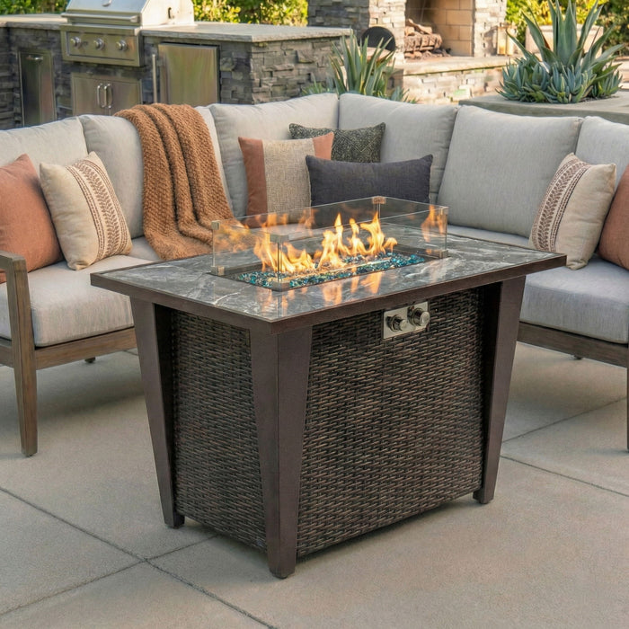 Fire Pit Table, Glass Wind Guard And Rain Cover, Lid - Brown Patioseek