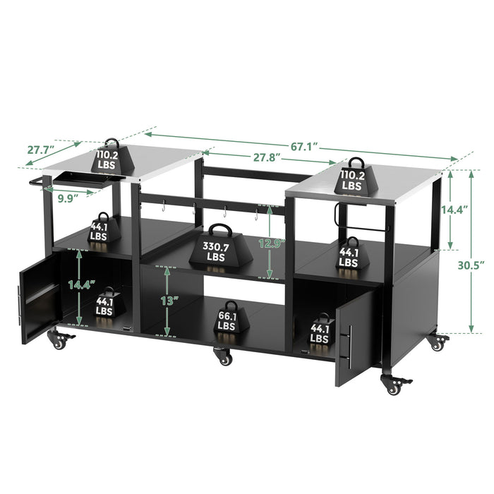 Outdoor Grill Table For Big Egg Style Bbq With Metal Grill Cart And Storage Box And Metal And Stainless Steel - Black / Silver