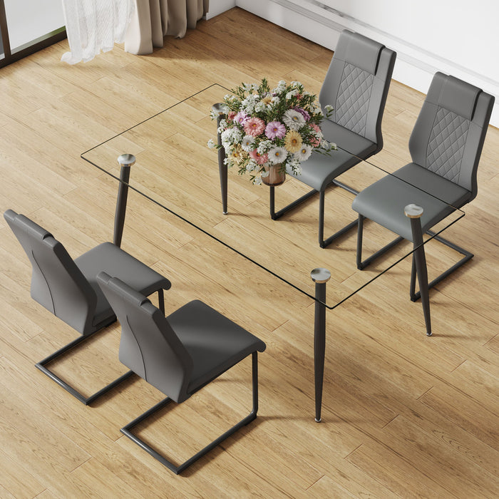 1 Table And 4 Chairs Set, Rectangular Table With Transparent Tabletop And Black Metal Legs, Paired With 4 Chairs With PU Leather Cushioned Seats And Black Metal Legs - Transparent - Glass / Metal