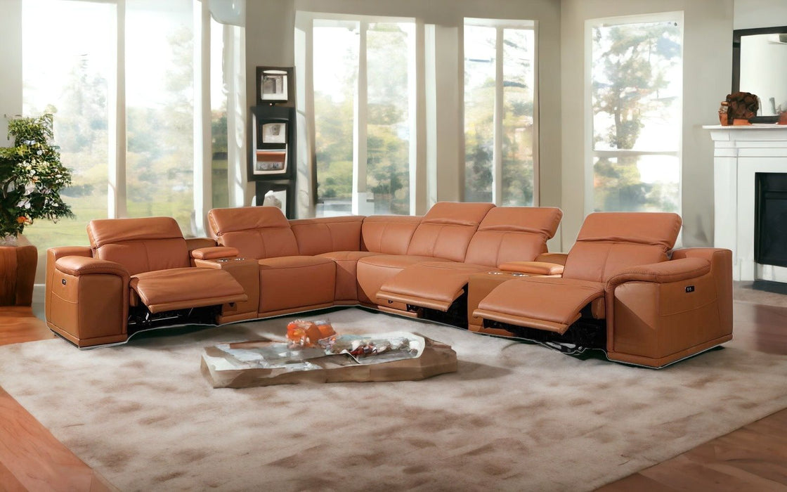 Italian Leather Power Reclining U Shaped Eight Piece Corner Sectional With Console - Camel