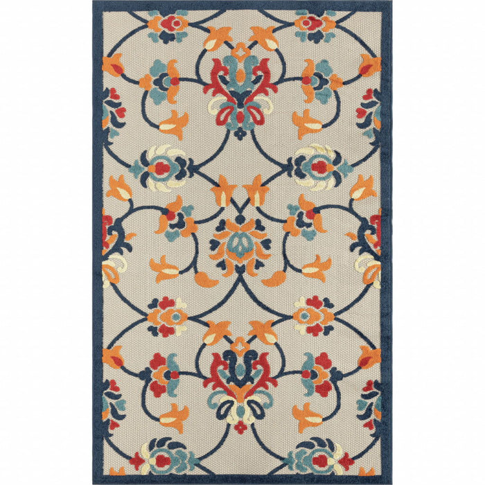 4' X 6' Floral Non Skid Indoor / Outdoor Area Rug - Blue / Orange