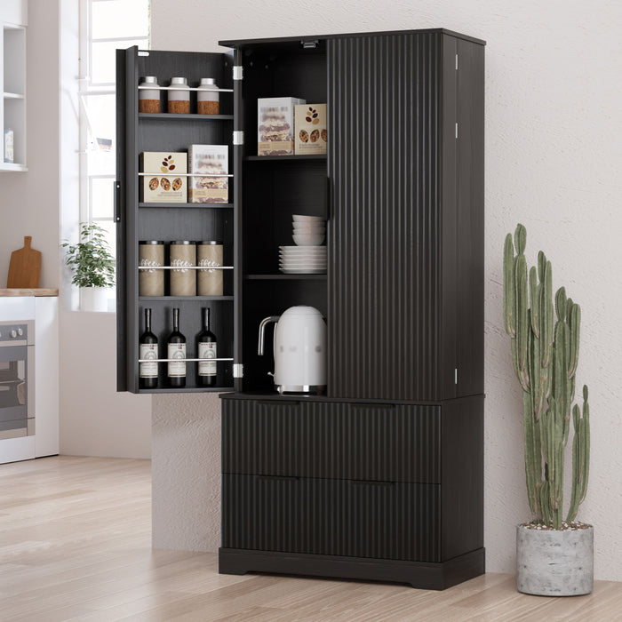 Fluted Kitchen Pantry Cabinet With 2 Large Drawers & 8 Door Spice Rack Home Essentials