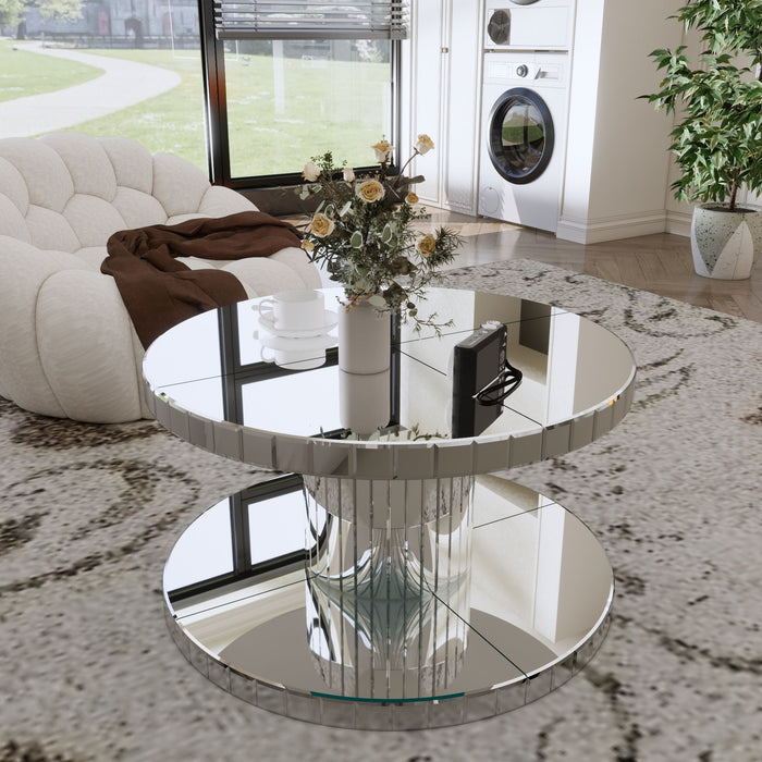 Luxury Double Tier Round Mirror Coffee & End Table With Fluted Glass Modern Sofa Side Table - Silver / Glass