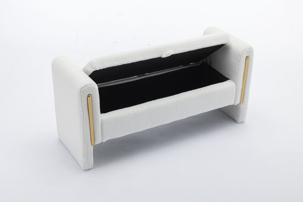 Teddy Fabric Storage Bench Bedroom Bench With Gold Metal Trim Strip For Living Room Bedroom Indoor, Ivory