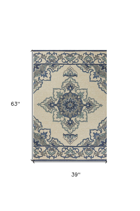 3' X 5' Damask Handmade Indoor / Outdoor Area Rug - Ivory / Blue