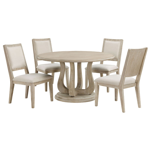 Rodota - 5 Piece Round Dining Table Set With Upholstered Chairs - White Washed Furniture Max