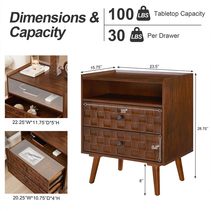 Nightstand With Charging Station, 2 Drawer Bedside Table With Shelf And USB / AC Ports Home Essentials