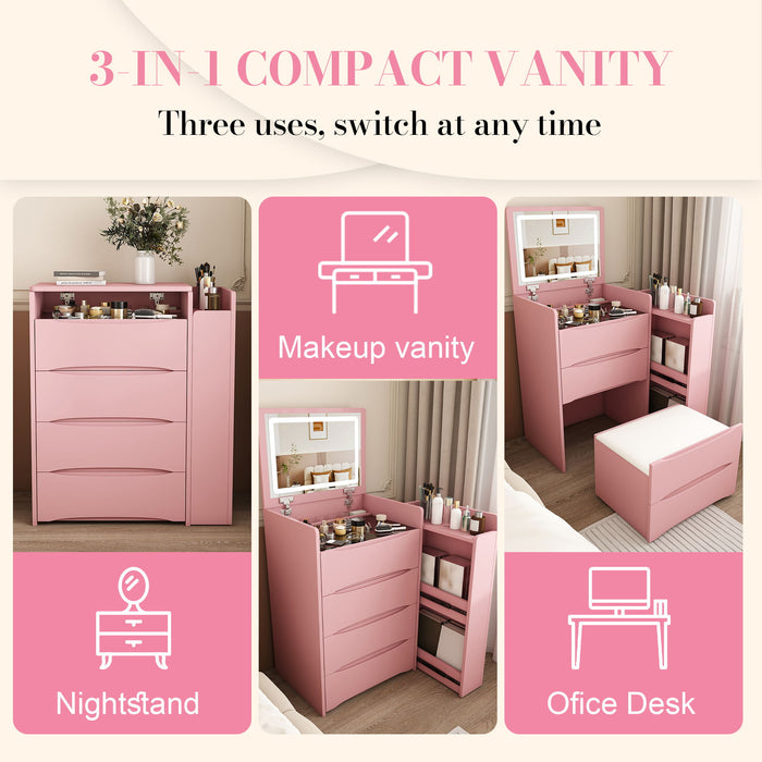 Flip Mirror Vanity Desk With Adjustable LED Lights & Stool For Bedroom Home Essentials