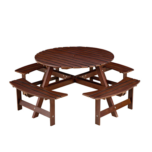 8 Person Round Picnic Table With 4 Built In Benches, Umbrella Hole For Garden - Brown Home Essentials