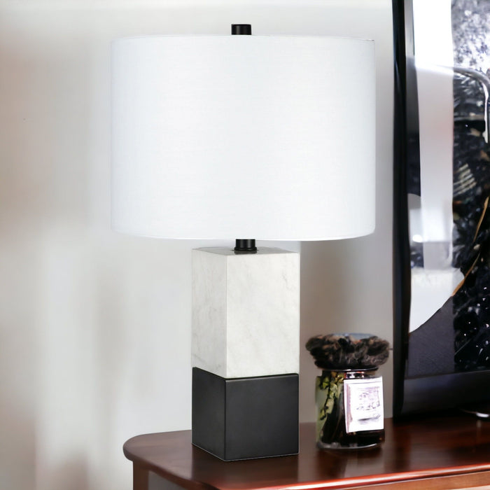 Marble Table Lamp With White Drum Shade - Black And White