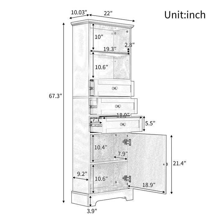 Tall Storage Cabinet With 3 Drawers And Adjustable Shelves For Bathroom Hearth and Haven