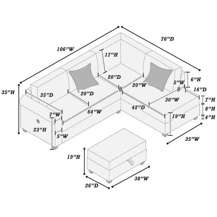 Contemporary Sectional Set With Right Arm Chaise, Left Arm Sofa With USB Port, Storage Ottoman Home Essentials