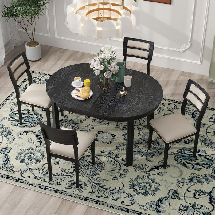 Multifunctional Dining Table Set, Farmhouse Dining Set With Extendable Round Table, Two Small Drawers And 4 Upholstered Dining Chairs For Kitchen And Dining Room