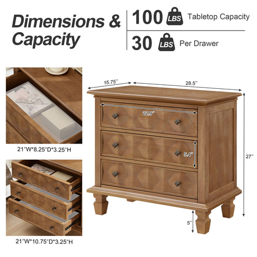 Nightstand With Charging Station, 3 Drawer Bedside Table - Natural Wood Home Essentials