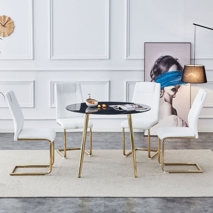 1 Table And 4 Chairs, A Modern Minimalist Circular Dining Table With A 40" Black Imitation Marble Tabletop And Gold - Plated Metal Legs, And 4 Modern Gold - Plated Metal Leg Chairs - Black / Gold / White