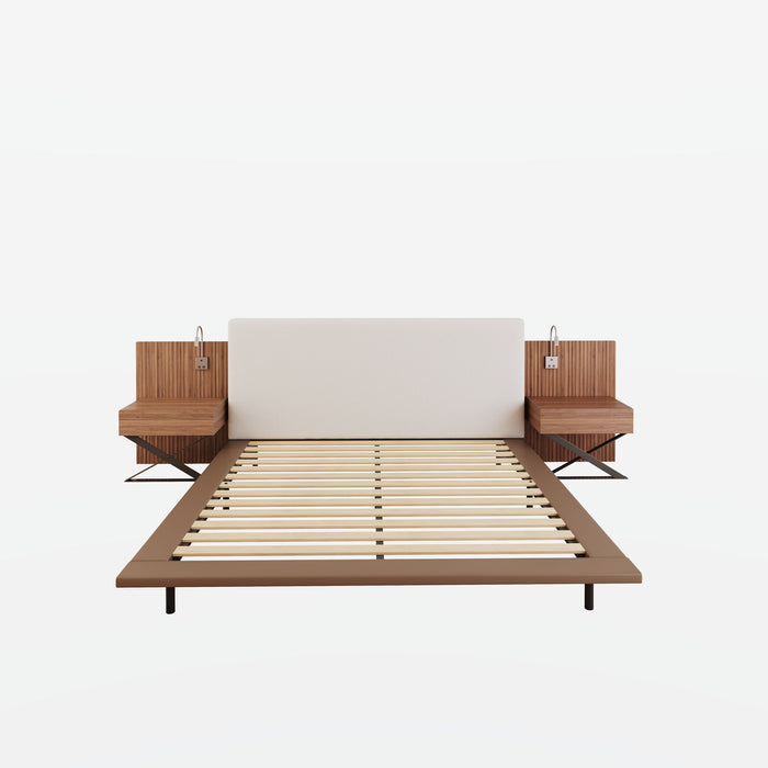 Floating King Size Bed With Integrated Side Tables And Smart Lighting - Beige Gray / White Home Essentials