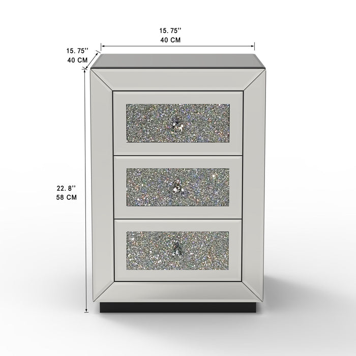 3 Drawer Nightstand With Glass Accents, Bedside Table For Bedroom - Silver Home Essentials