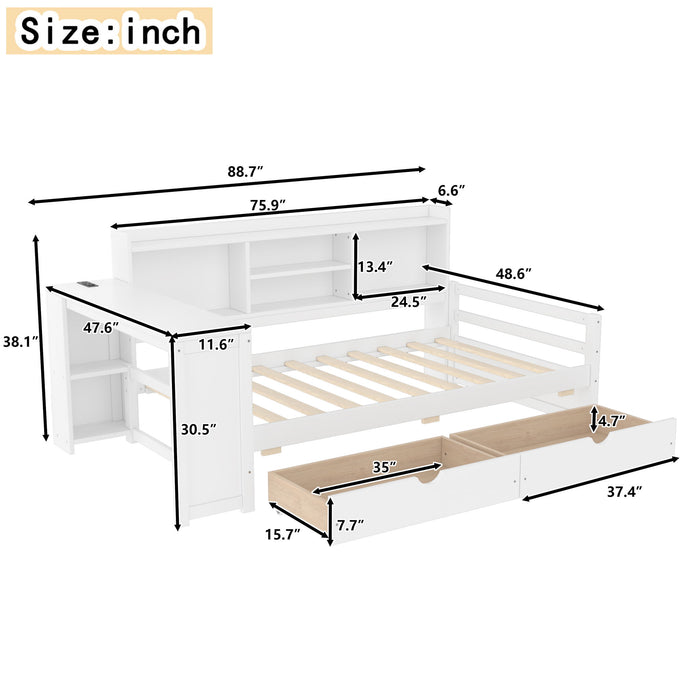 Corner Daybed With Storage Drawers, Desk, Charging Port & Bookcase Home Essentials