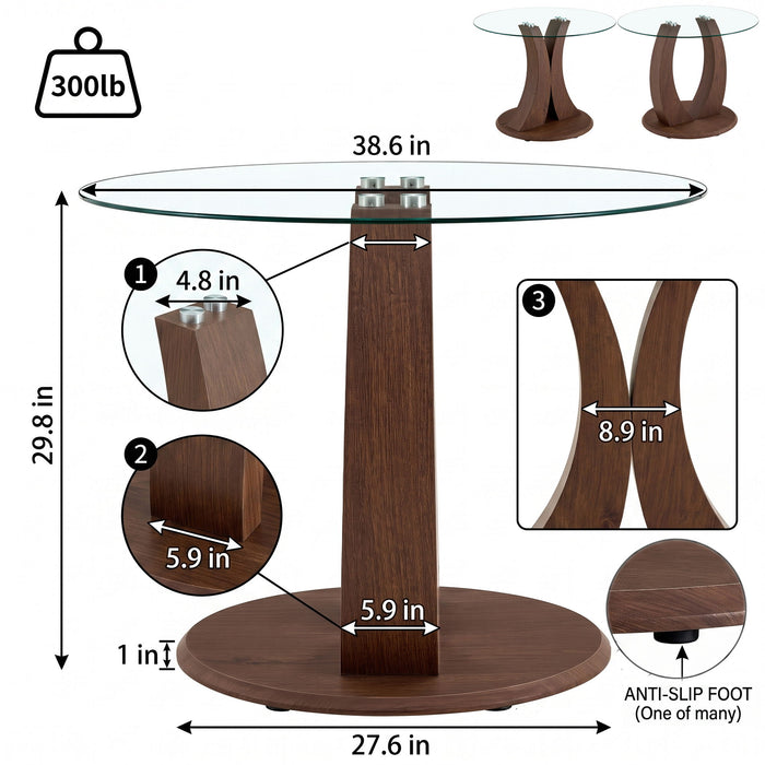 2 In 1 Round Glass Dining Table With Adjustable Curved Base, - Transparent / Walnut Home Essentials