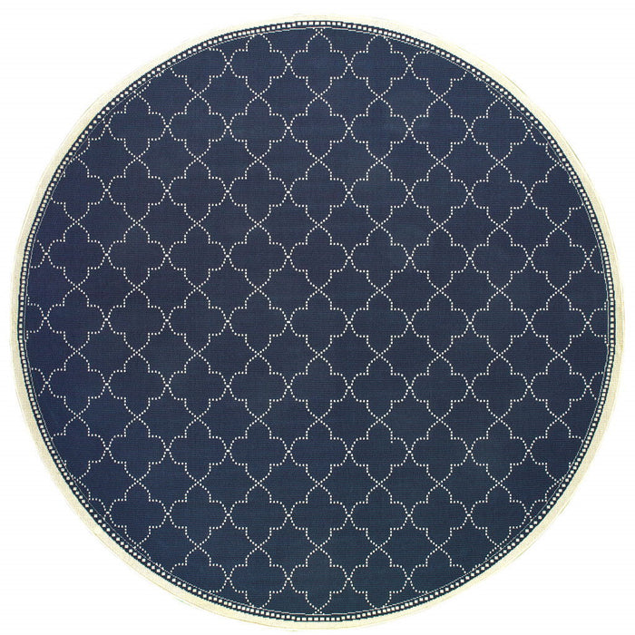 8' X 8' Round Geometric Stain Resistant Indoor & Outdoor Area Rug - Ivory / Blue