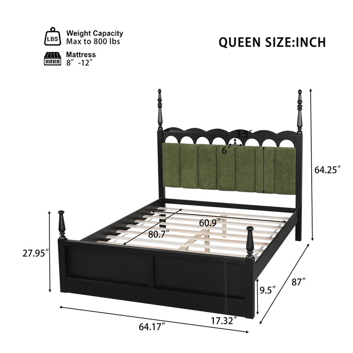 Platform Bed Frame With Tufted Upholstered Scallop Headboard Noble House