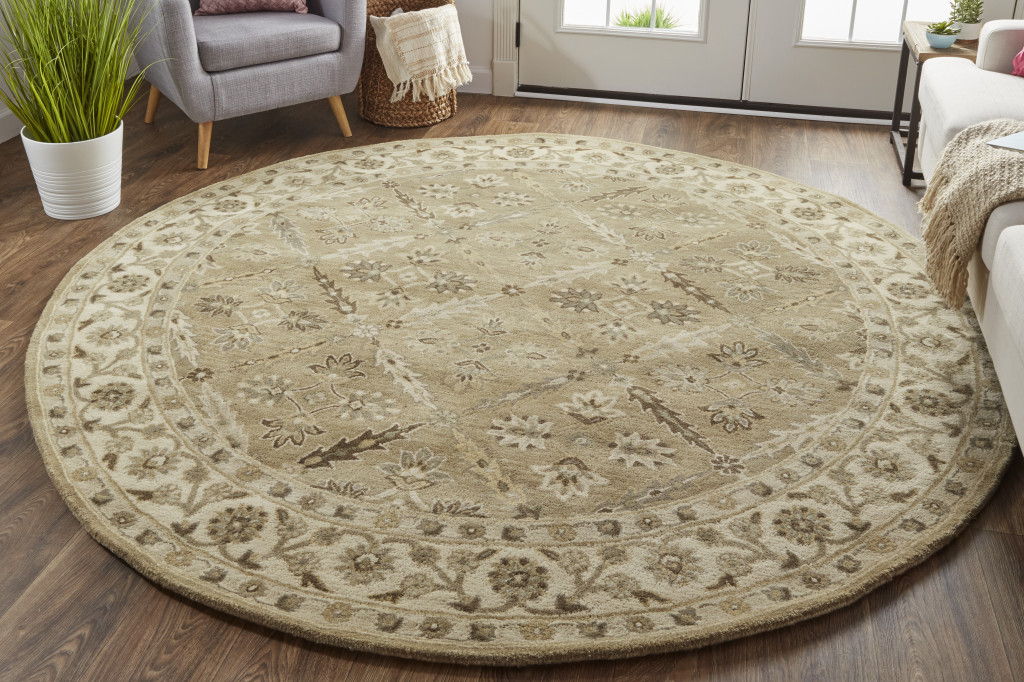 Wool Paisley Tufted Handmade Stain Resistant Area Rug - Green Brown And Taupe - 8' Round