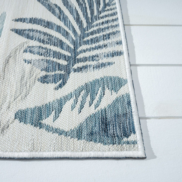 2' X 8' White Palm Leaf Stain Resistant Indoor / Outdoor Runner Rug - Blue / Serene