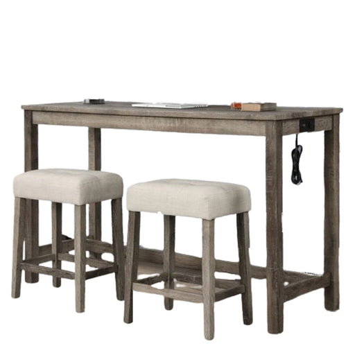 3 Piece Counter Bar Dining Set Table With Electric Outlet And 2 USB Ports, Tufted Upholstered Stools - Brown / Beige Home Essentials