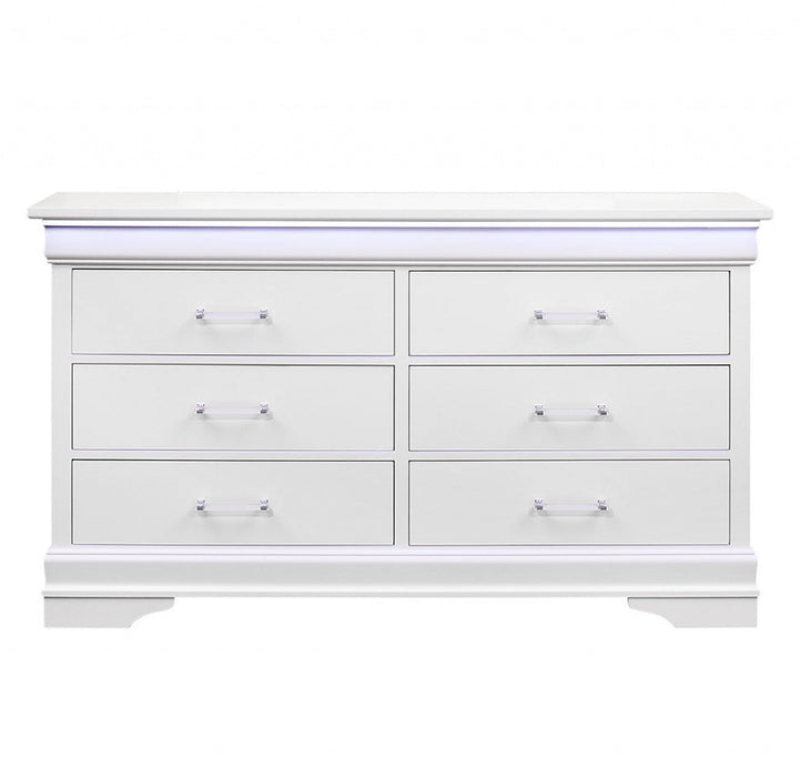 Solid Wood Six Drawer Double Dresser With Led - White