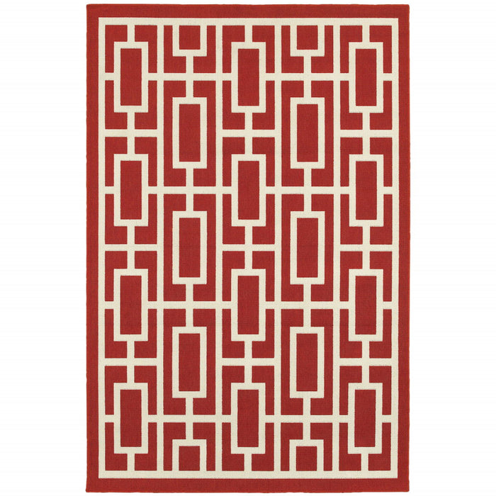 8' X 11' Geometric Stain Resistant Indoor Outdoor Area Rug - Red Ivory