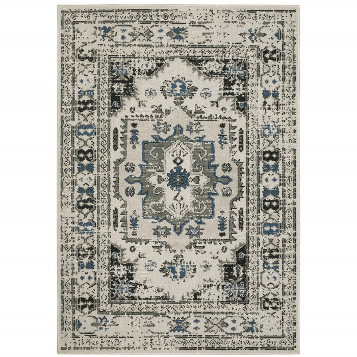 8' X 10' Oriental Stain Resistant Indoor / Outdoor Area Rug - Blue / Beige