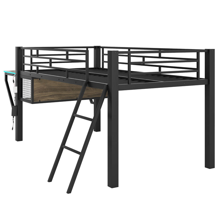 Gaming - Twin Loft Bed With Desk And LED - Black Dreamland