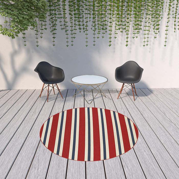 8' X 8' Round Geometric Stain Resistant Outdoor / Indoor Area Rug - Red / Ivory