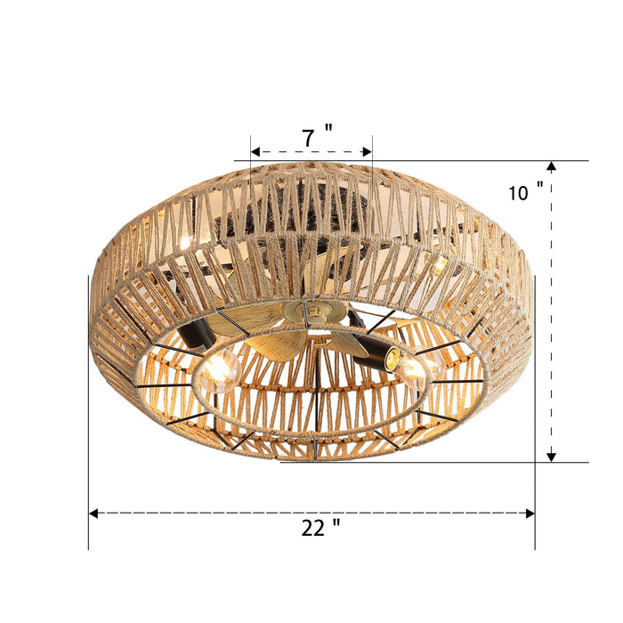 22" Caged Ceiling Fan With DC Motor, 6 Speeds Remote Control For Living Room - Rattan Daily Nest