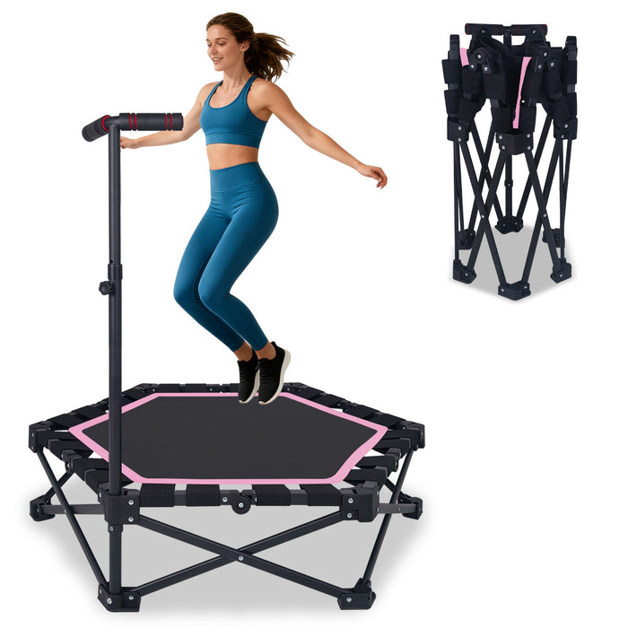 Foldable Mini Trampoline, 1 Step Fold & Open, 3 Level Adjustable T - Bar, Indoor & Outdoor Workout - Black / Pink Daily Nest
