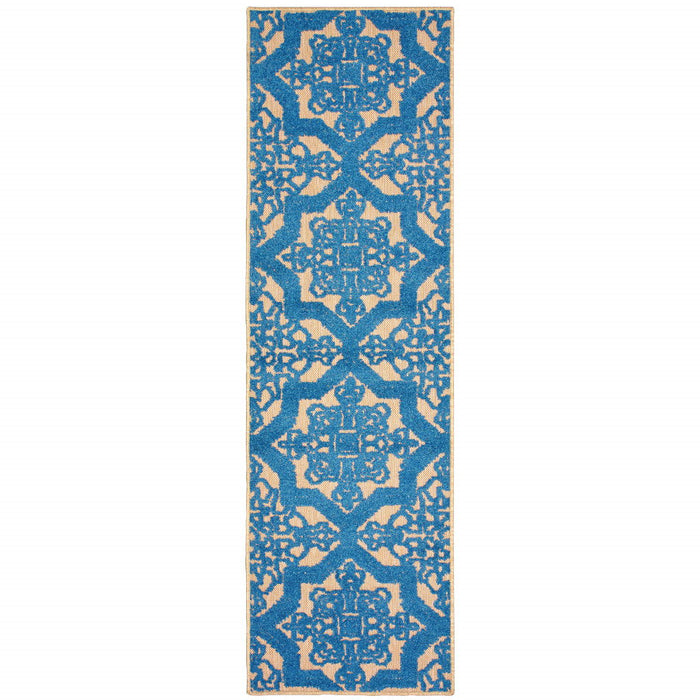 2' X 8' Oriental Stain Resistant Outdoor / Indoor Area Rug - Blue / Beige