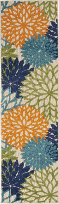 2' X 10' Floral Indoor / Outdoor Area Rug - Ivory / Blue