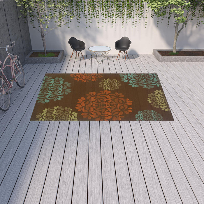 9' X 13' Floral Stain Resistant Indoor / Outdoor Area Rug - Brown