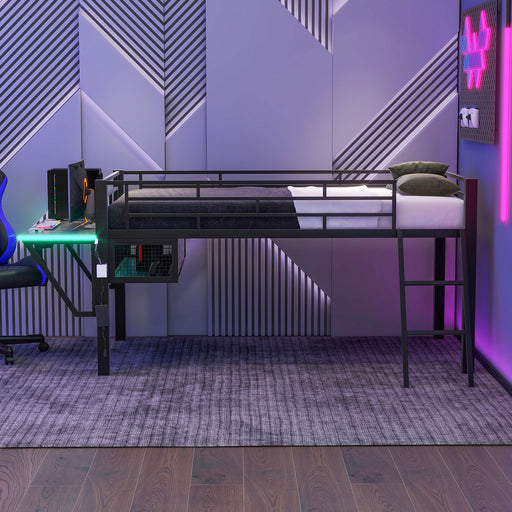 Gaming - Twin Loft Bed With Desk And LED - Black Dreamland