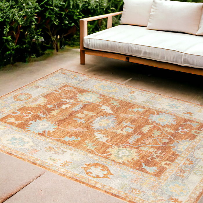 8' X 10' Floral Stain Resistant Indoor & Outdoor Area Rug - Blue / Orange