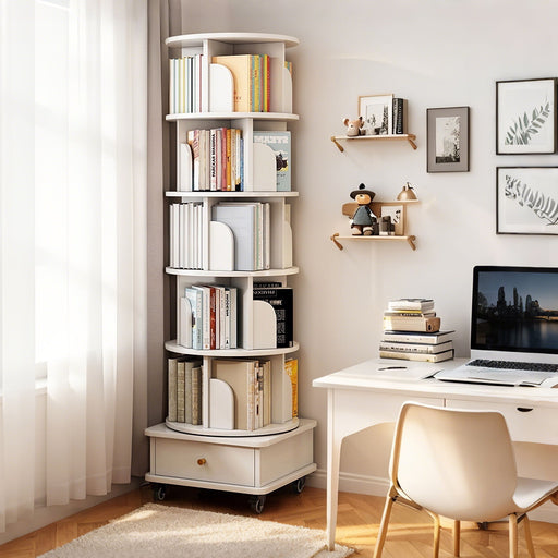 Rotating Bookshelf With Wheels And Drawer, 360° Spinning Design, Space Saving Storage Home Essentials