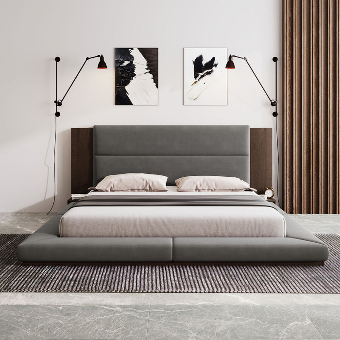 Floor Upholstered Platform Bed With Extended Headboard & Bedside Shelf