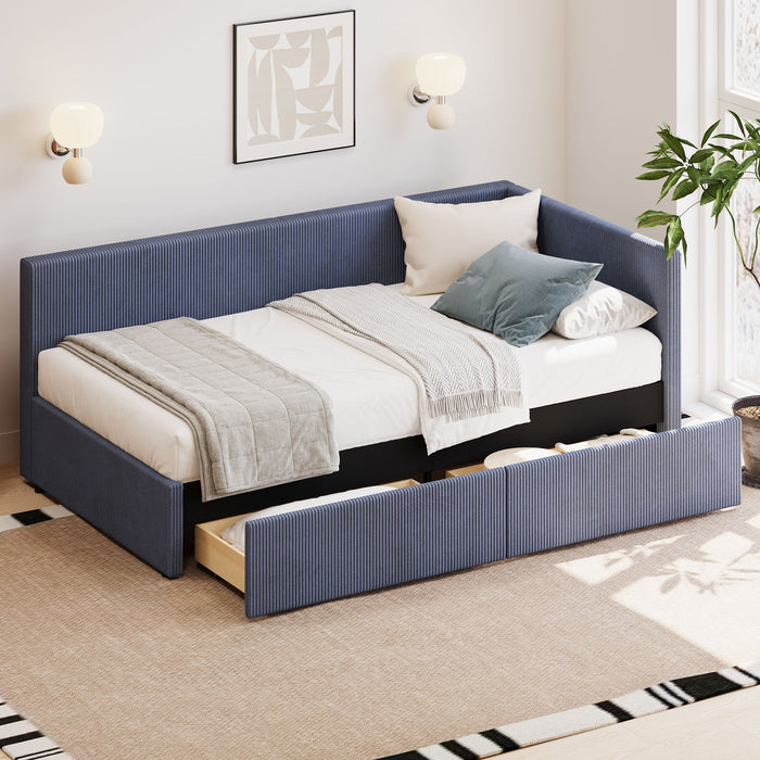 L-Shape Corner Bed, Corduroy Upholstered Daybed With 2 Storage Drawers And Vertical Striped Design
