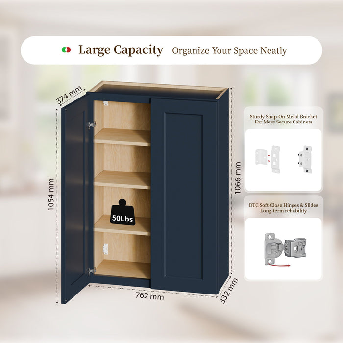 Shaker Wall Cabinet With Soft Close Hinges, Adjustable Shelves, Double Door Home Essentials