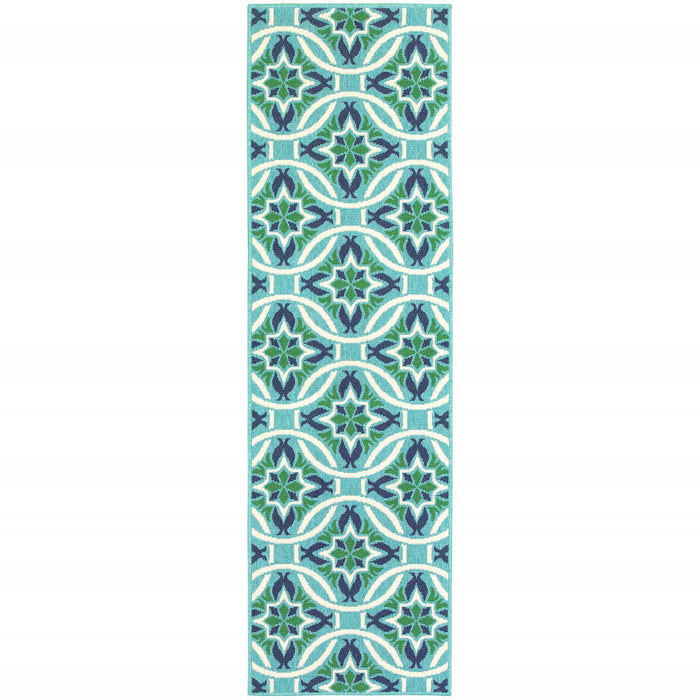 2' X 8' Geometric Stain Resistant Outdoor / Indoor Area Rug - Blue / Green