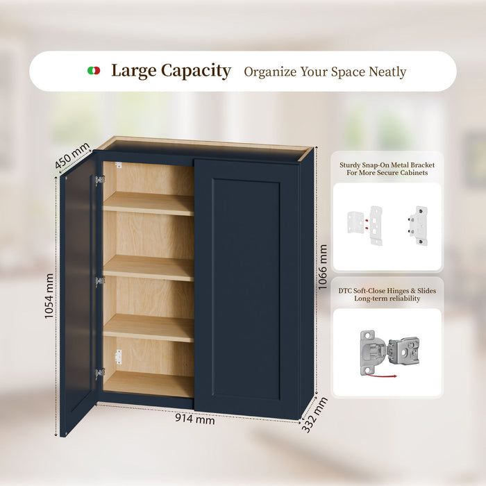 Shaker Wall Cabinet With Soft Close Hinges, Adjustable Shelves, Double Door Home Essentials